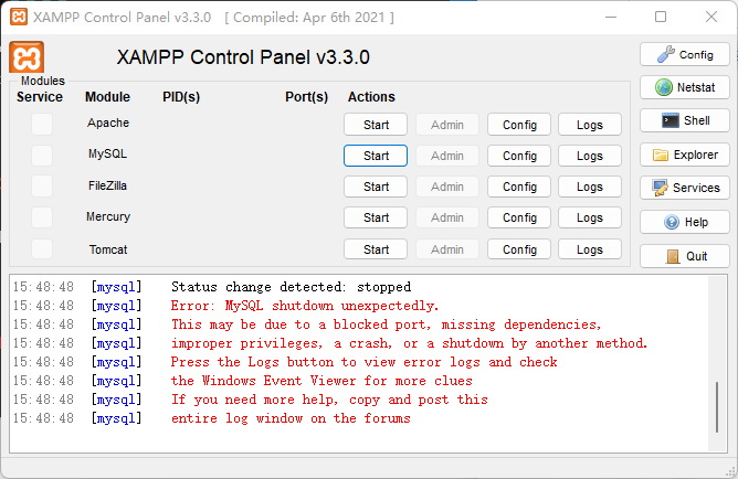 xampp  mysql error